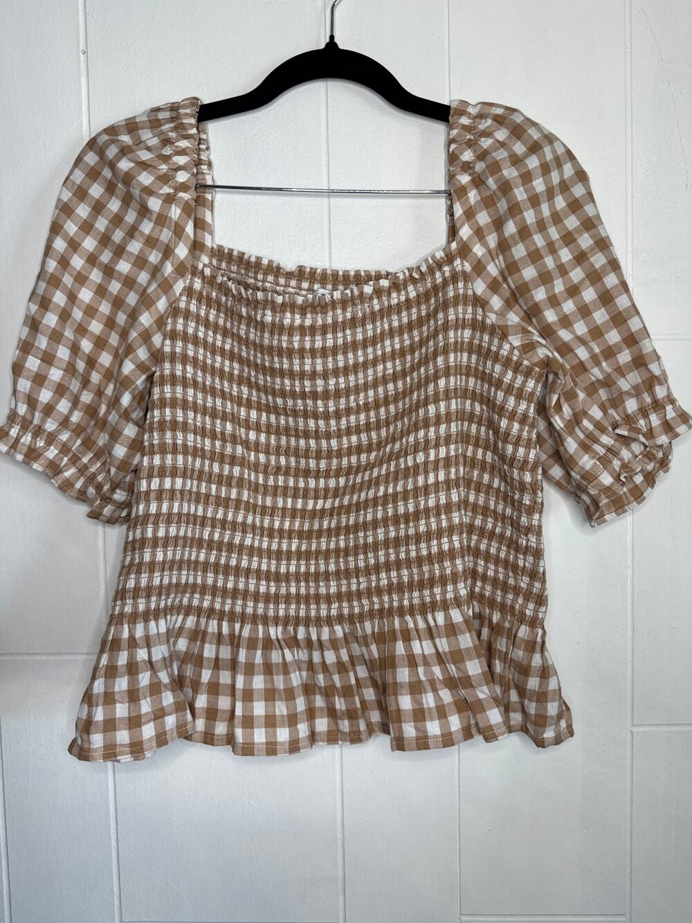 J Crew smocked checkered top 100% cotton Medium